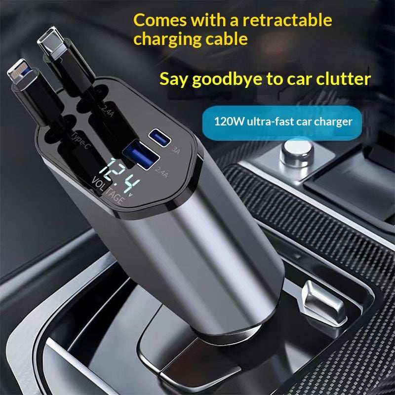 Car charger retractable cable coiled into housing