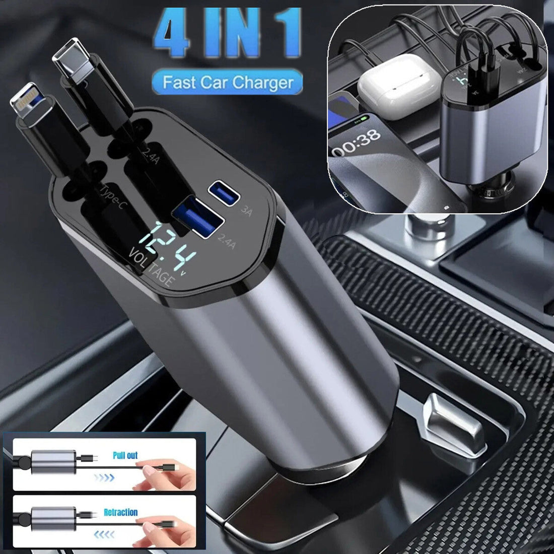 4-in-1 retractable 120W car charger