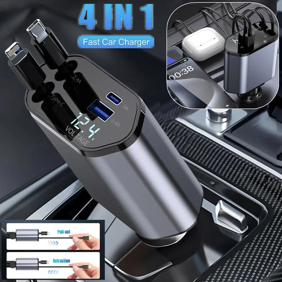 4-in-1 retractable 120W car charger with USB-C cable, front view
