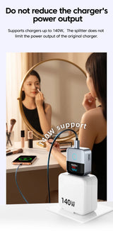 140W Auto Disconnect Full Charge Splitter Type-C Smart Charging Separator Digital Display 140W PD Fast Charging Adapter